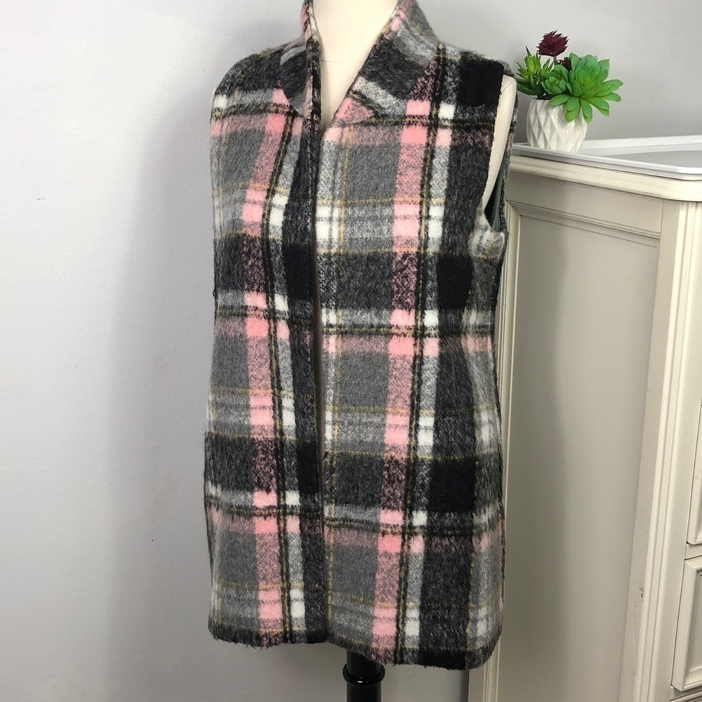 Line + Dot Wool Blend Plaid Long Open Vest Small Winter Fall Gray Pink Black
